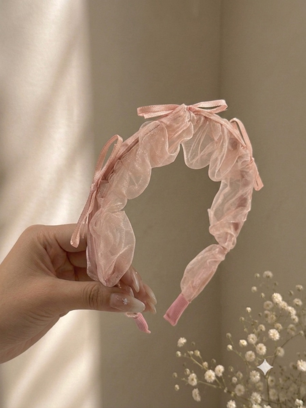 🆕🎀Pink Sheer Ruffled Bow Headband